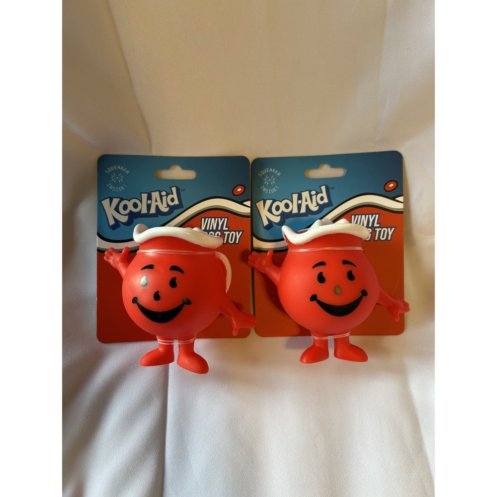 New Set of 2 Hey Kool-Aid! Red Kool-Aid Man Vinyl Dog Toys with Squeaker Inside